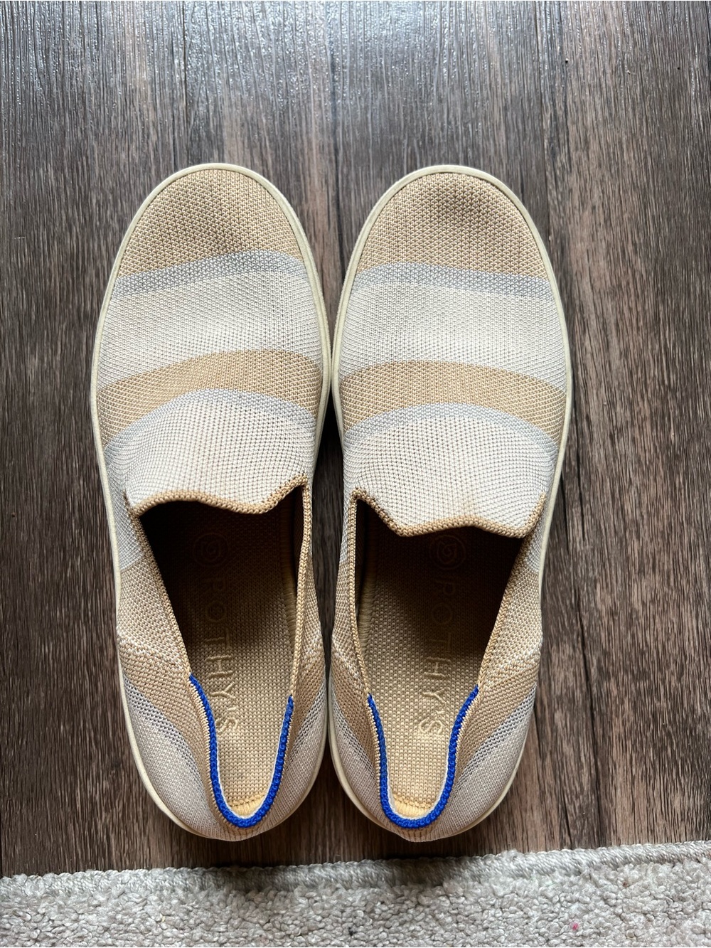 Rothy's Slip-On Knit Loafers in Beige, Cream and Blue Accent